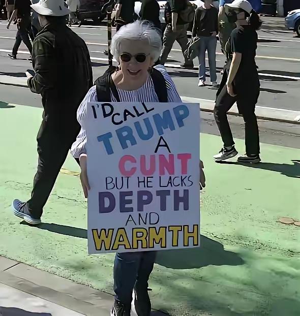 这老太太是一个狠人！
反懂王游行中，能打出这样的标语，绝对会让懂王印象深刻。
绝