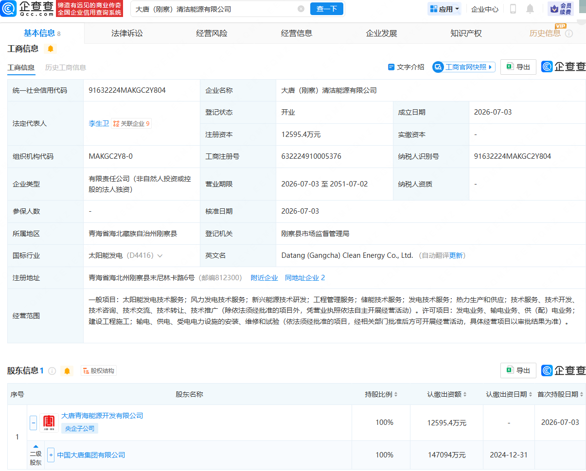 大唐集团在青海刚察成立清洁能源公司