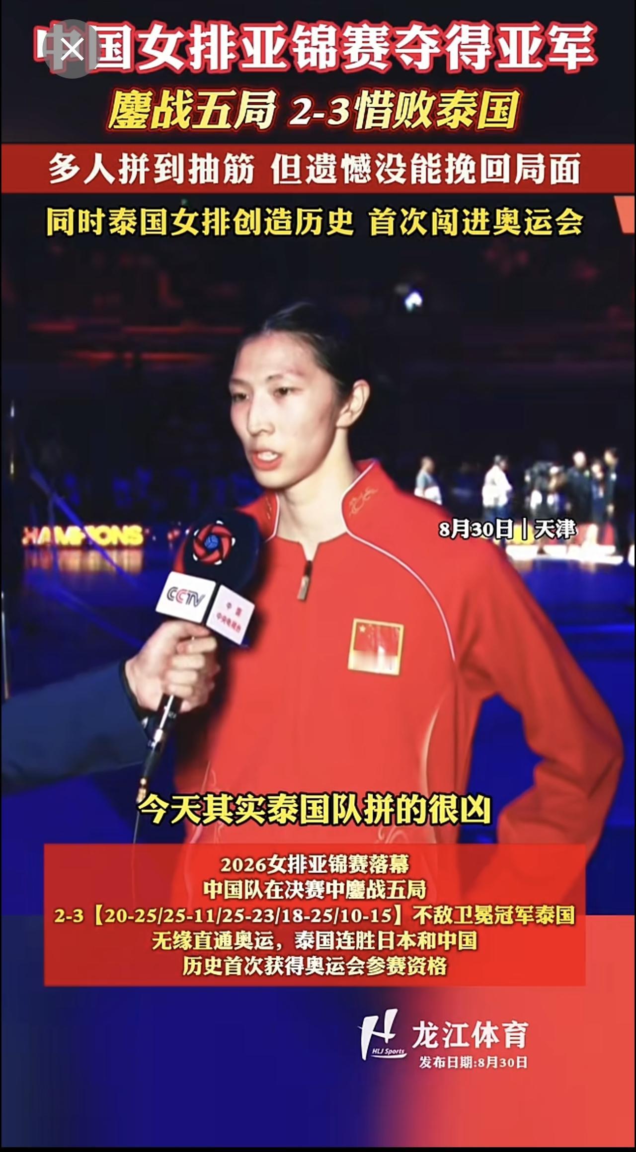 中国女排 亚锦赛 夺得亚军，鏖战五局 2-3惜败泰国，多人拼到抽筋，但遗憾没能挽