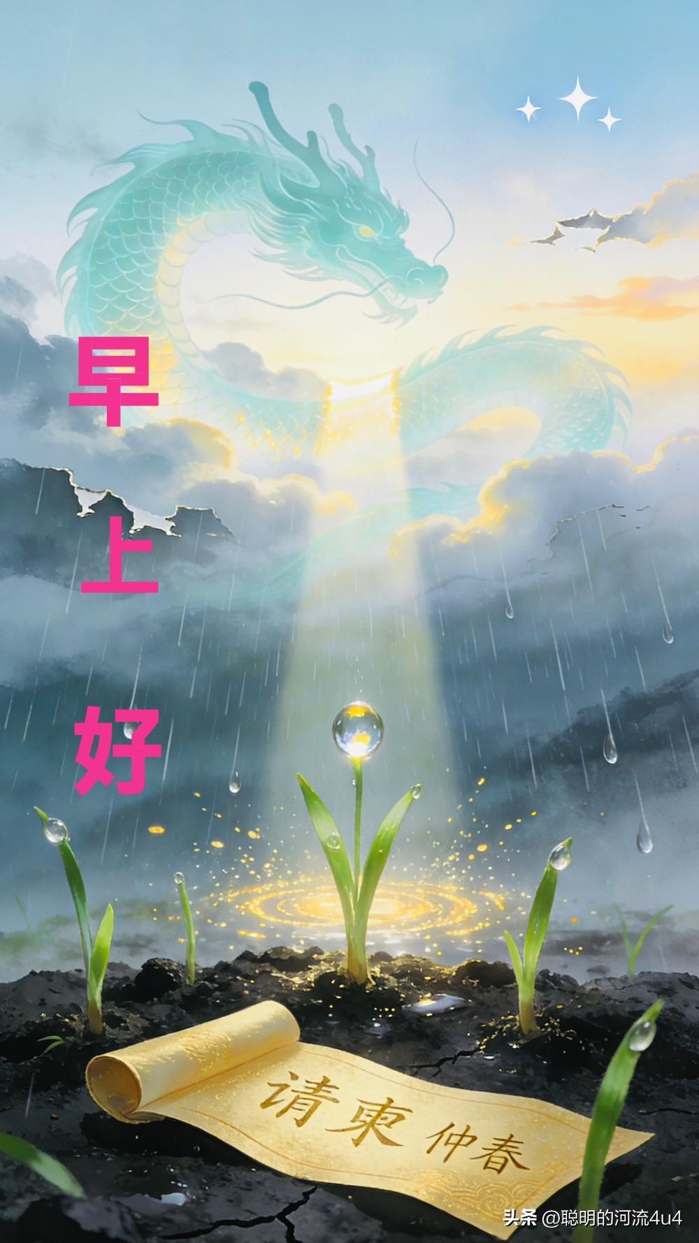 🍃🌷☕️🌞🌻🌱🌷🍃
龙在今晨抬头，
把整个冬眠的天空翻了个身。
雨