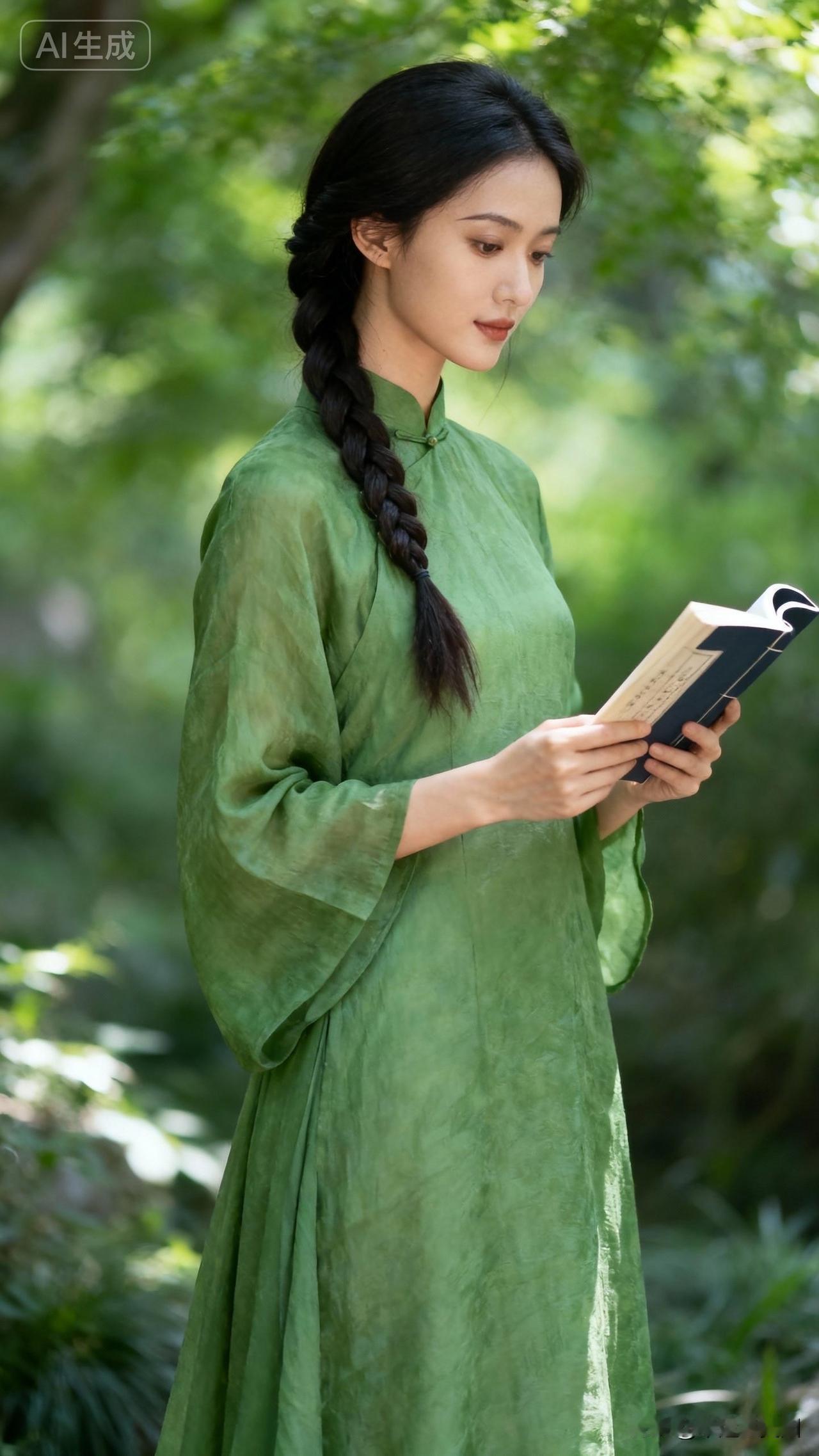 “绿衣少女，静谧书香，岁月静好”📖🌿