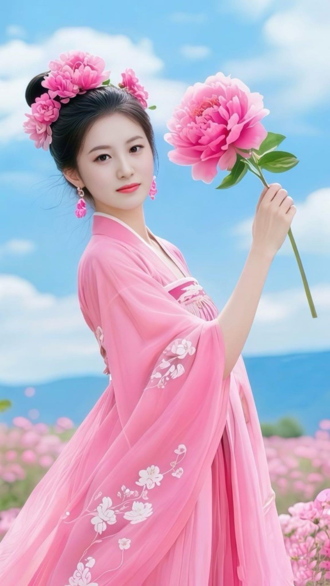 粉嫩少女与盛开牡丹的浪漫邂逅🌸💕