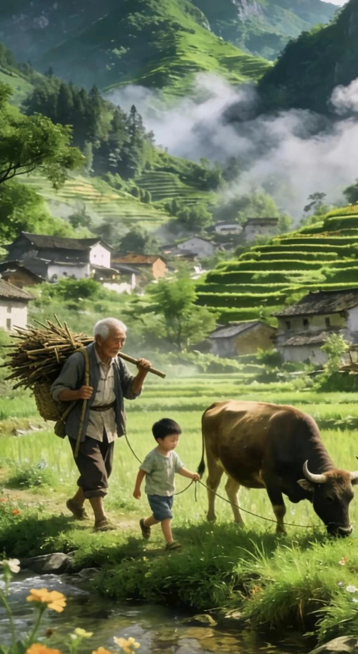 乡村山青水也秀，
爷孙二人去放牛。
归来拣柴一背篓，
烧火做饭不用愁。