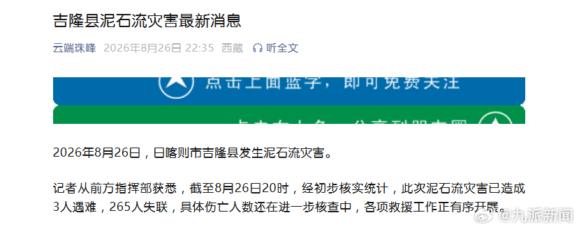 #吉隆泥石流已致3人遇难#【#吉隆泥石流已致3人遇难265人失联#】据“云端珠峰