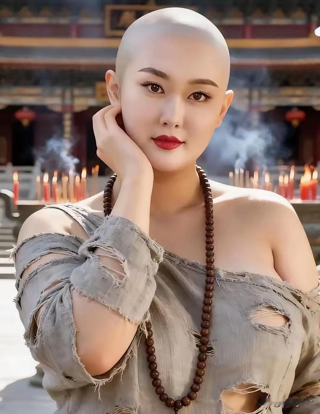 这首诗描绘出一幅独特画面，一个身着半破袈裟、青丝散落的女子，佛珠斜挂，素手托颊，