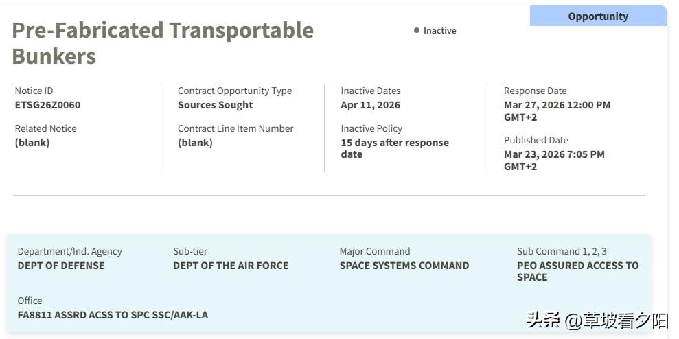 美国国防部发布招标，为空军紧急采购预制可移动掩体，要求30天内交付可抵御高威胁袭