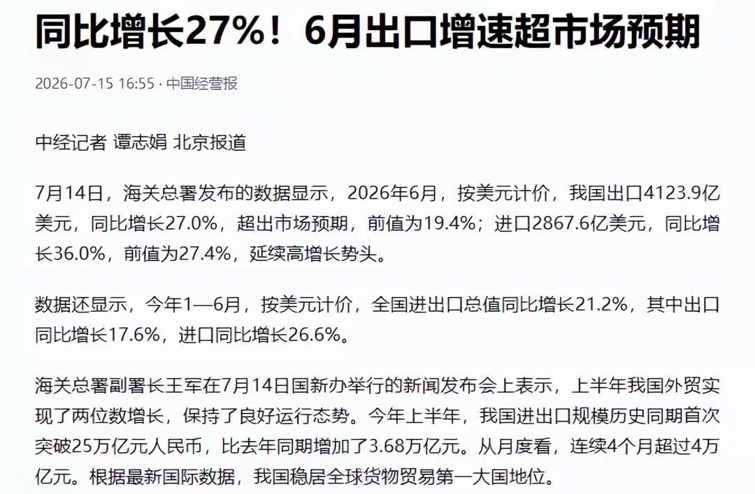 西方忙着给中国筑关税高墙，可海关总署6月外贸数据却狠狠打了他们的脸。单月出口增速