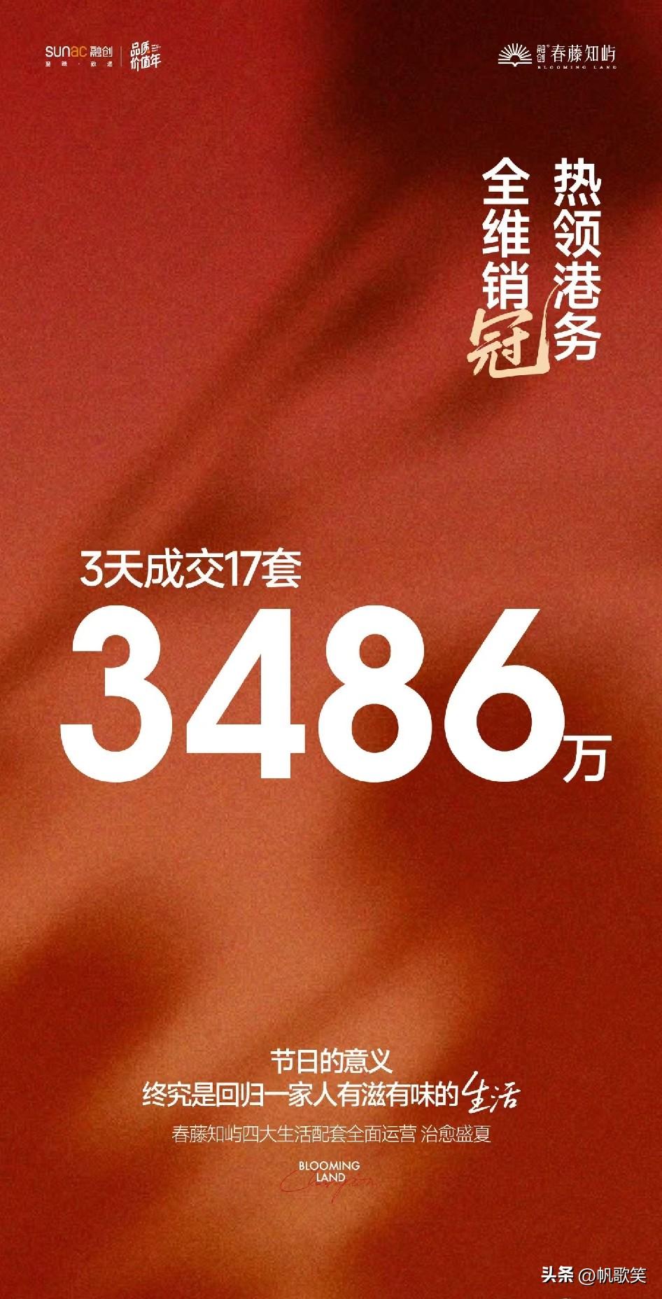 端午小长假收官，西安浐灞国际港奥体板块的融创·春藤知屿官宣：3 天成交 17 套