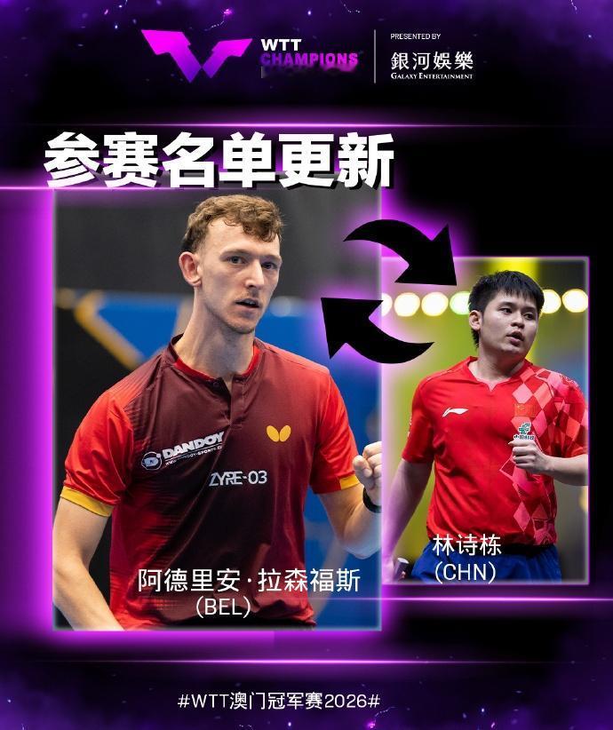 球员更新

林诗栋因病退赛，阿德里安·拉森福斯递补参赛 ​​​WTT （tyx）
