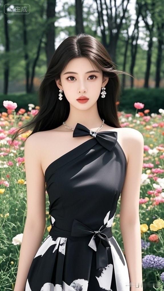 黑白色调优雅连衣裙，森林花海中的时尚少女