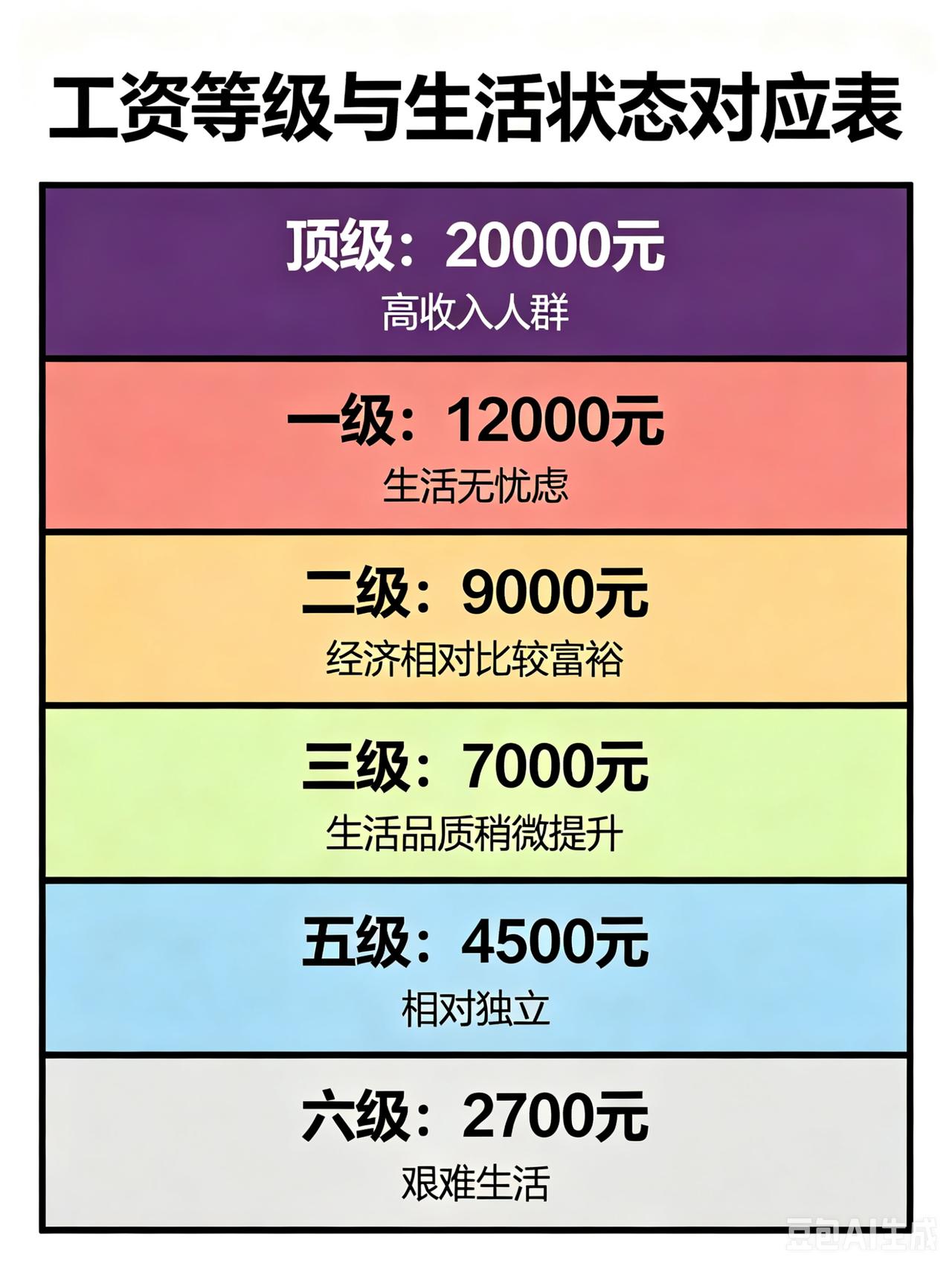 你的工资处于哪个级别？看完简直太真实了
六级：2700元，生活举步维艰
五级：4