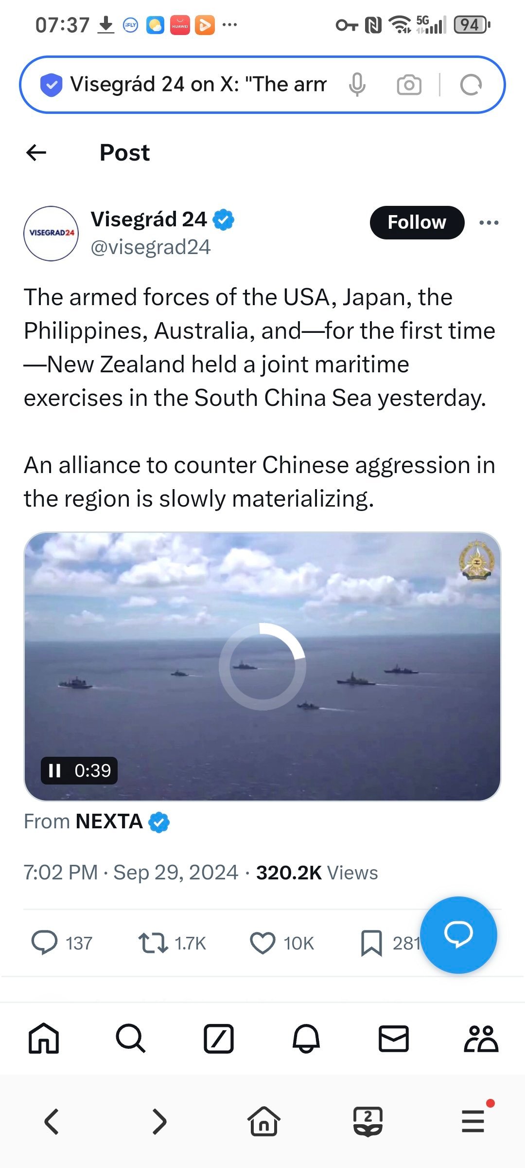 据媒体报道，昨天，美国、日本、菲律宾、澳大利亚和新西兰的军队首次在南海举行了大规