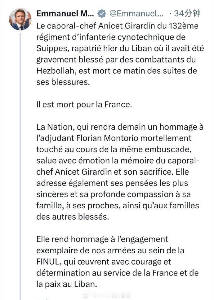 据媒体报道，法国总统马克龙宣布，来自叙普（法国城市）的法国军队第132军犬步兵团