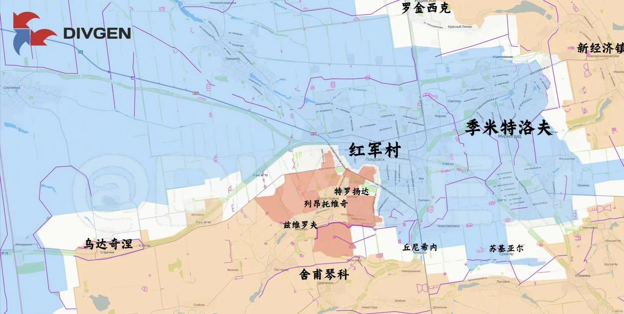 俄军在红军城新的推进。乌军最近不断加大红军城方向的防御兵力，却还是被俄军推成这样