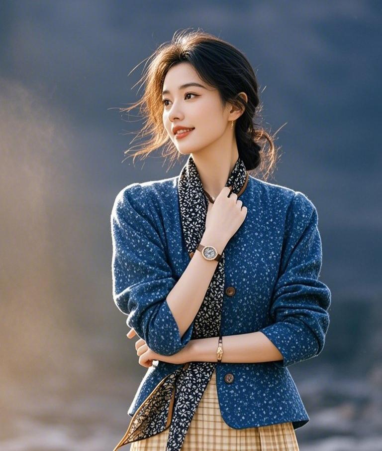 上联：蓝衫缀玉春浮靥
下联：素颈缠花暖透裳