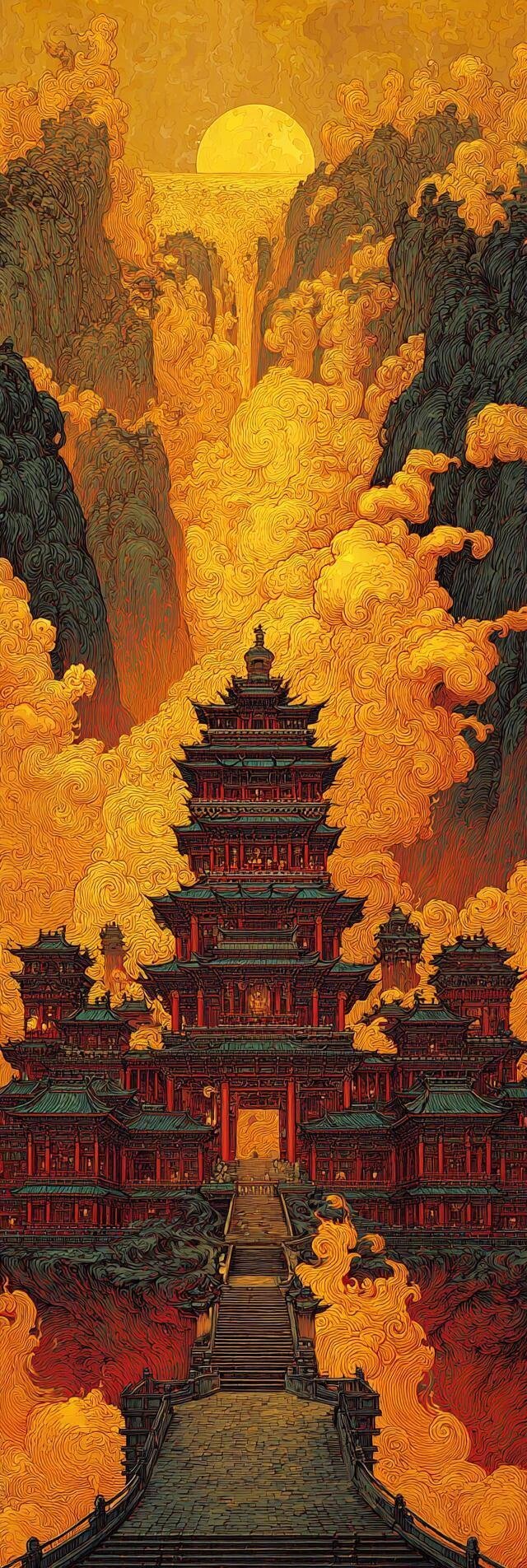 楼台隐映金红气，林曲回环画镜中。 