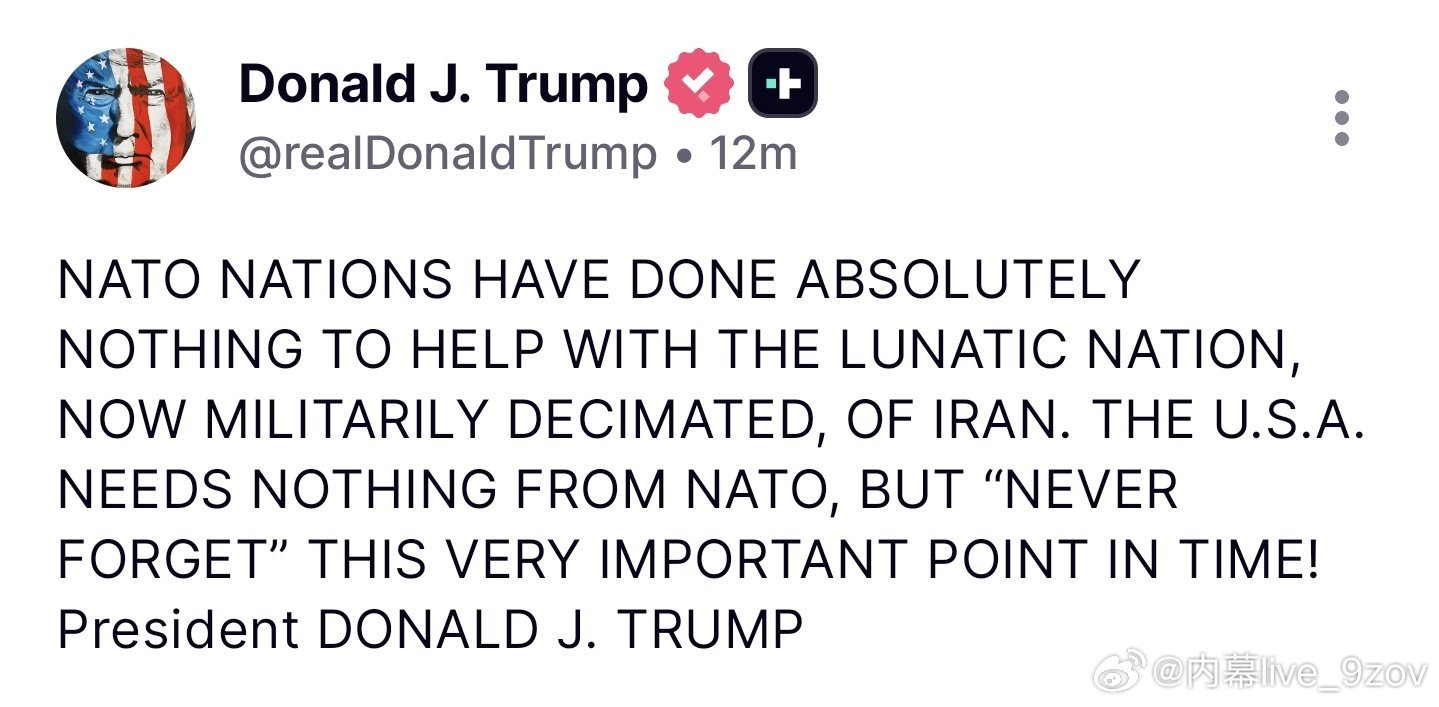 特朗普用全大写字母猛烈抨击北约：北约国家对伊朗这个如今军事实力已被彻底摧毁的疯狂