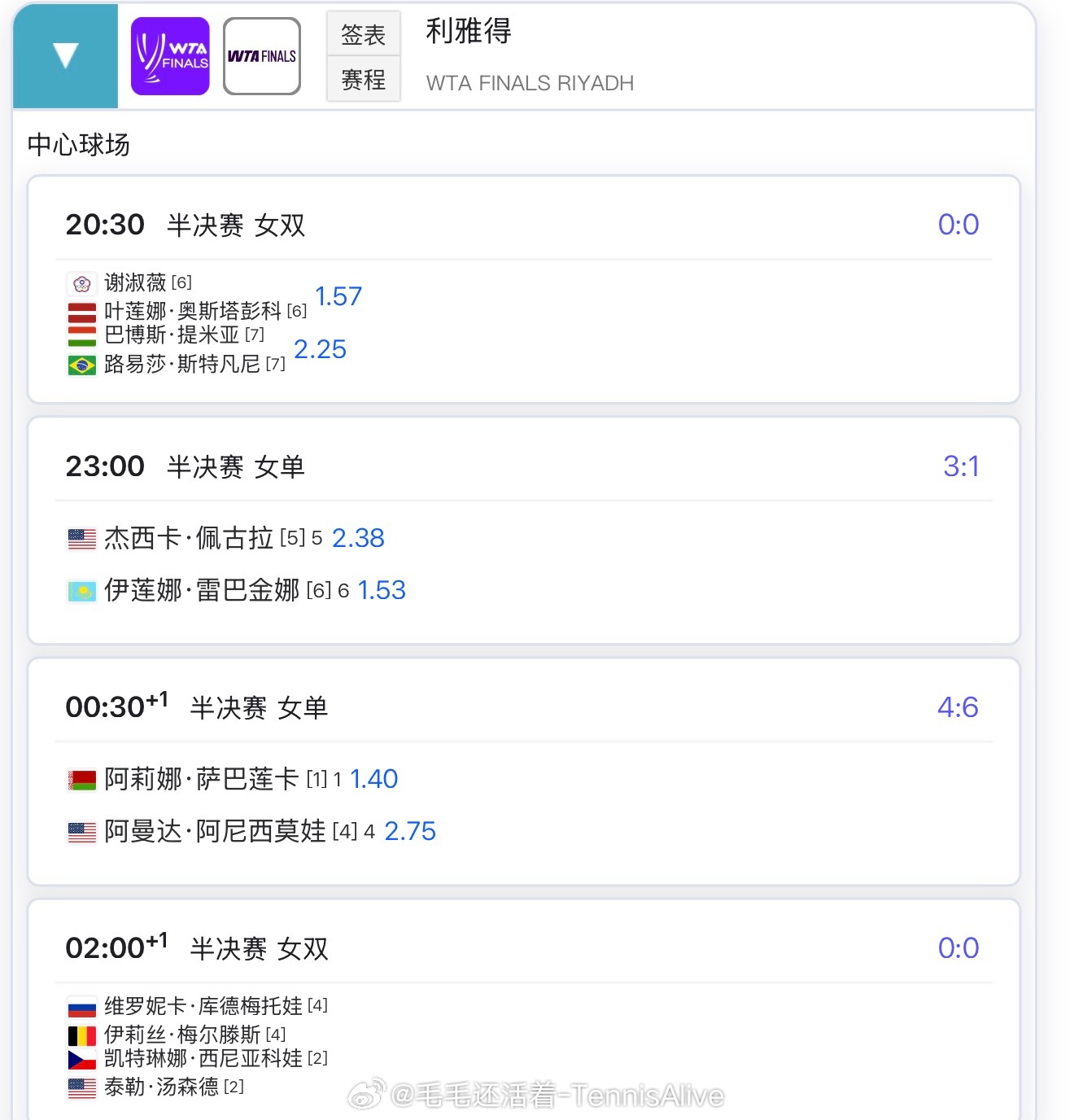 【11月7号比赛赛程】年终半决赛开打20:30谢淑薇/奥胖女双23:00佩古拉v