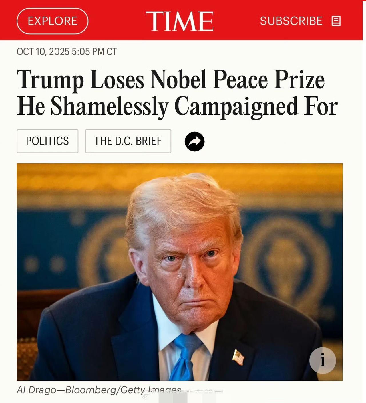 炸裂！
时代周刊发文：

“特朗普没能拿到他厚颜无耻地为之拉票的诺贝尔和平奖。”