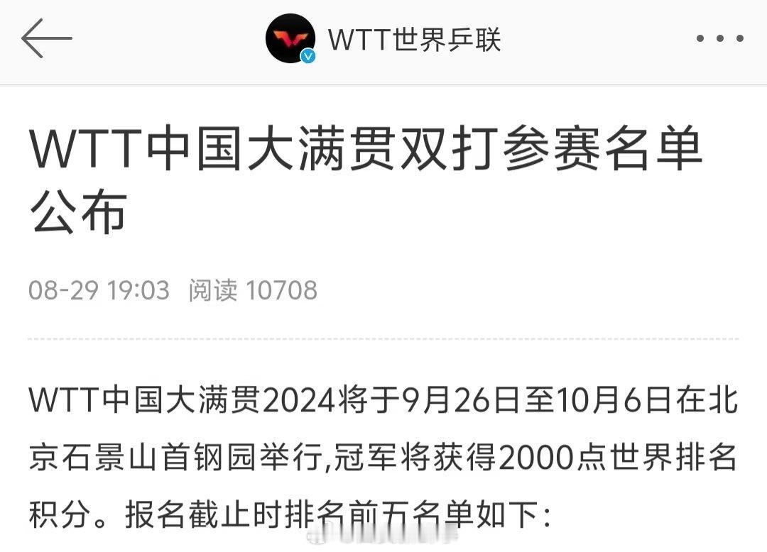 【#世界乒联中国大满贯公布双打名单#】#WTT中国大满贯双打名单#8月29日，公