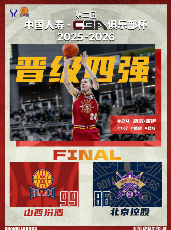 山西男篮官方发文：球队末节展现足够韧劲，成功晋级四强