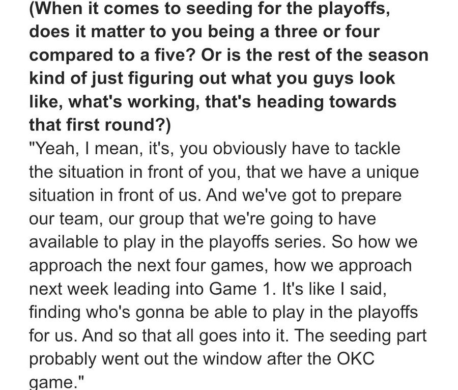 记者提问：“关于季后赛的排位，拿到3号或4号种子，和5号种子相比，对你来说有区别