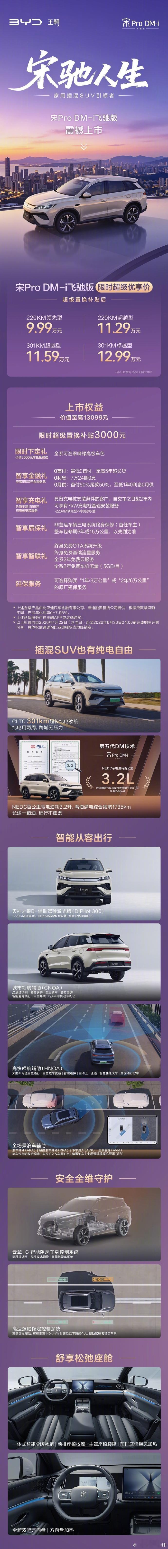 【比亚迪宋 Pro DM-i 飞驰版上市：301km 纯电 / 1735km 综