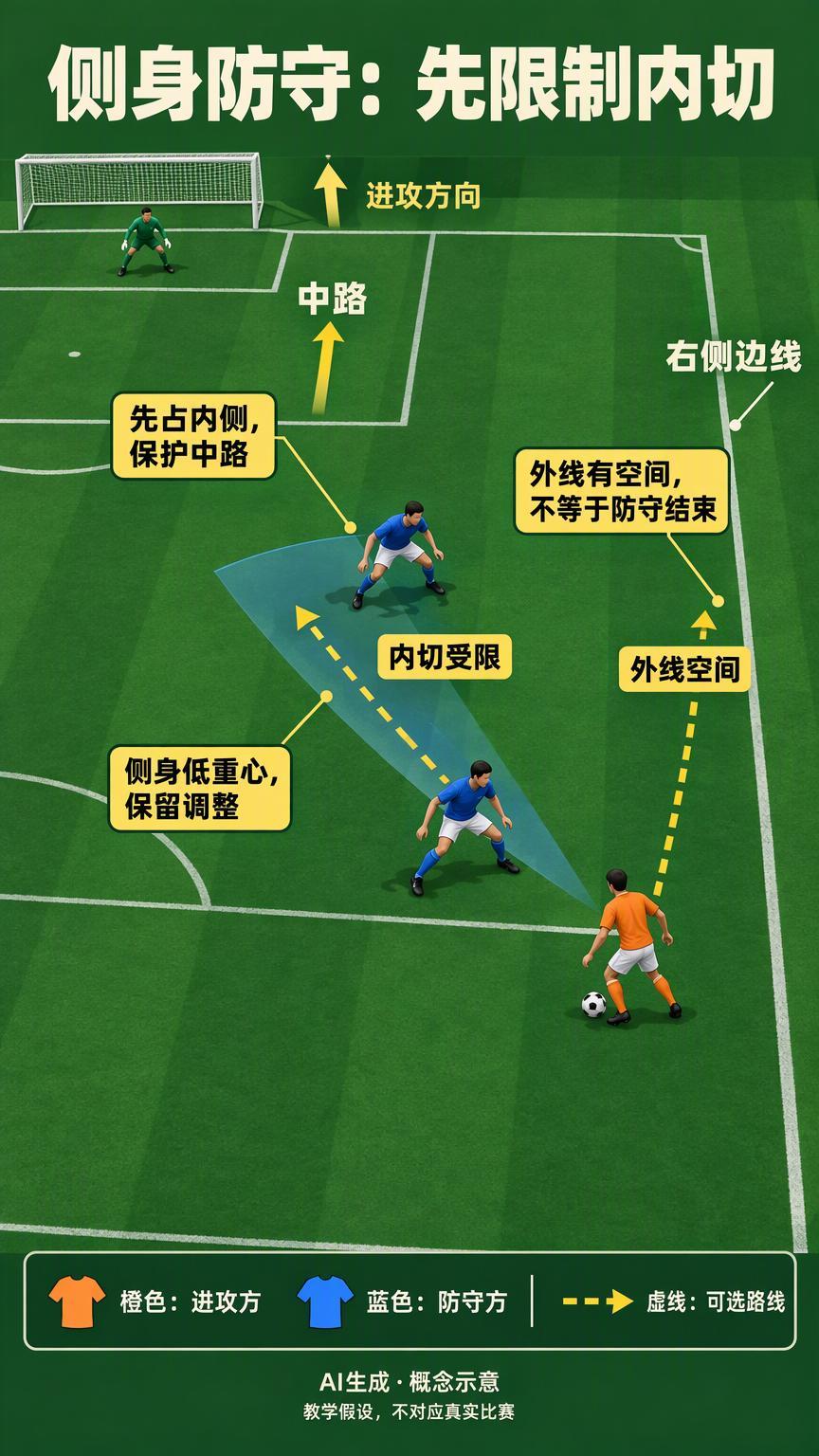 边路一对一，先看后卫把哪条路留给对手持球者从右侧接近禁区，后卫没有正面迎上去，而