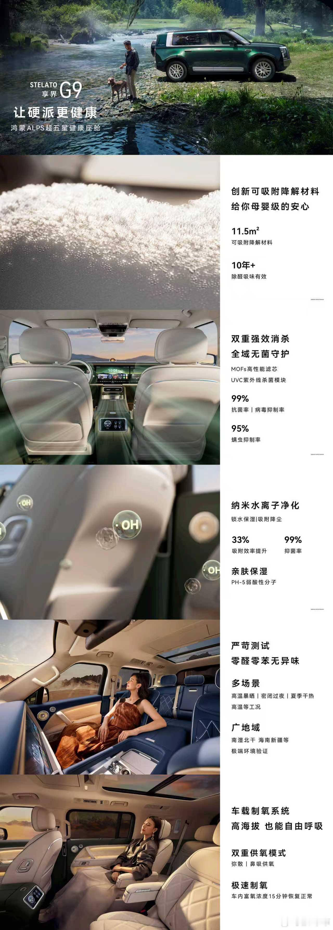 享界G9发布会 享界G9搭载鸿蒙ALPS超五星健康座舱，采用创新可吸附降解材料，