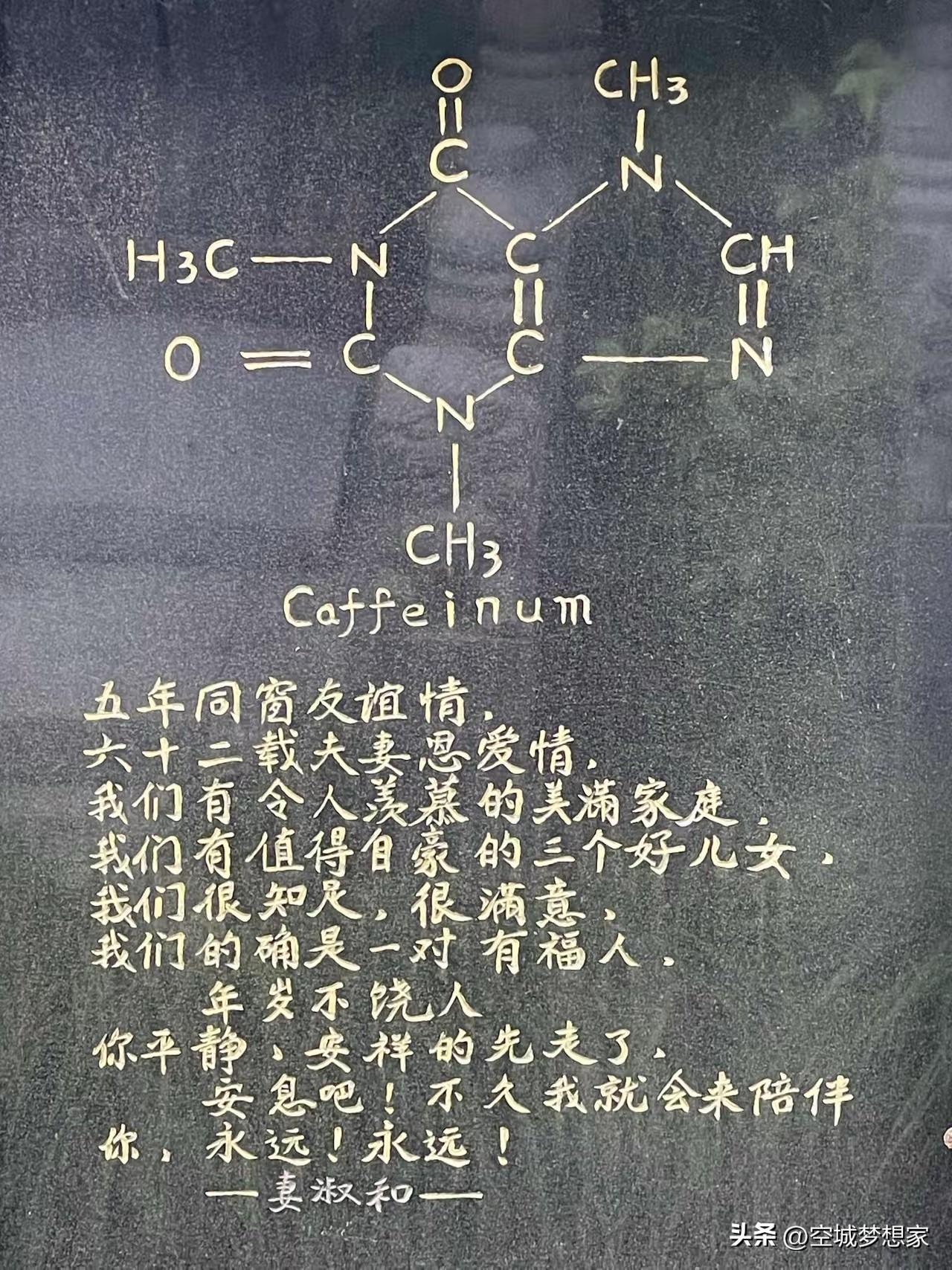 墓碑上的咖啡因分子式，是爱情最极致的浪漫😭
 
墓碑最显眼的位置，刻着完整的咖