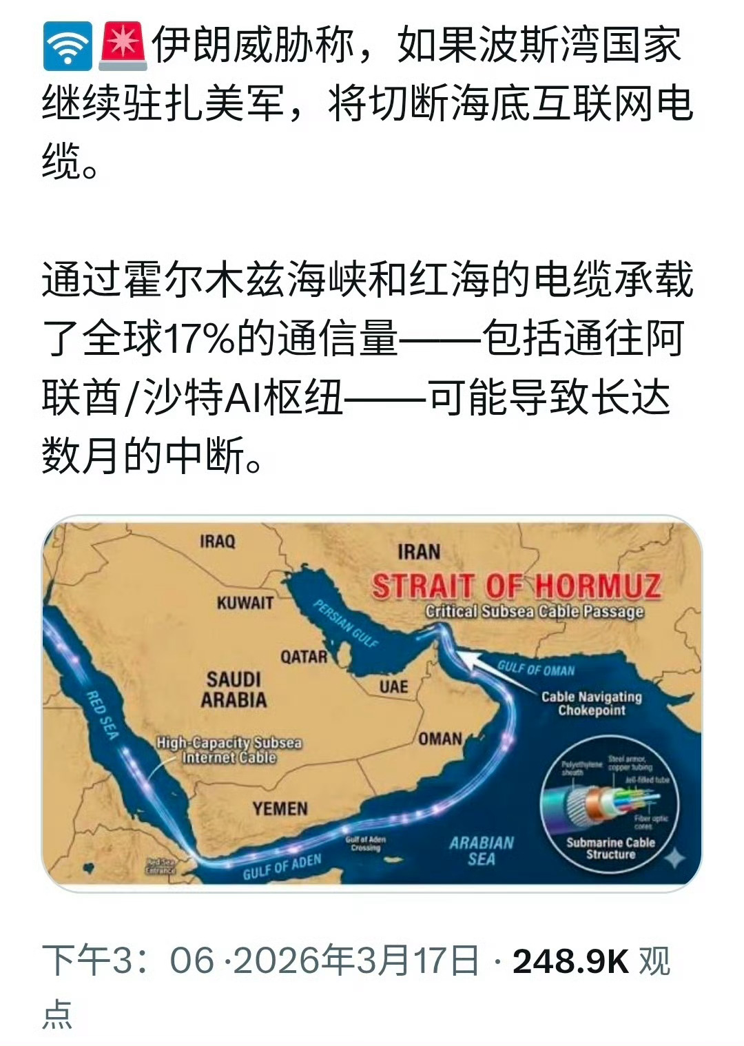 霍尔木兹海峡不仅是石油的咽喉要道, 也是中东地区互联网的瓶颈，这条狭窄水道底部铺