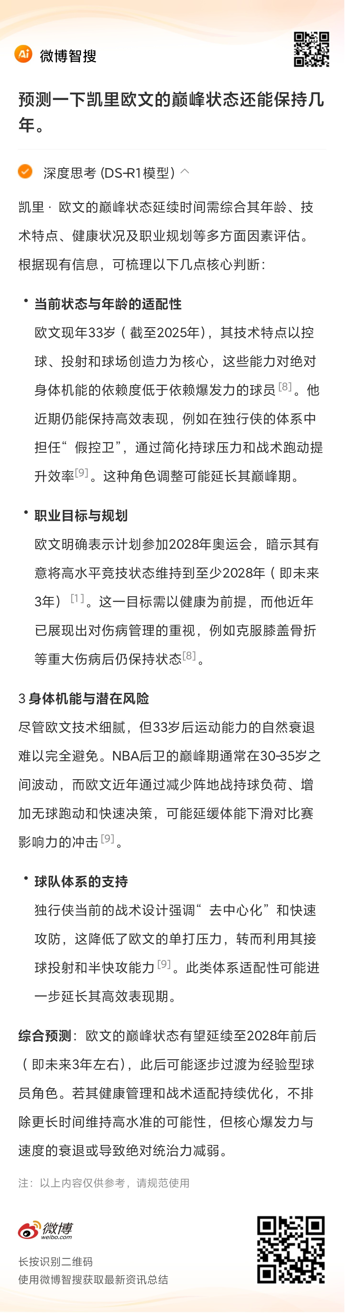 问了一下微博智搜：预测欧文的巅峰状态还能保持几年，他说：“欧文的巅峰状态有望延续