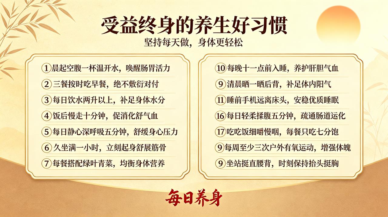 受益终身的养生好习惯
 
①晨起空腹一杯温开水，唤醒肠胃活力！
②三餐按时吃早餐