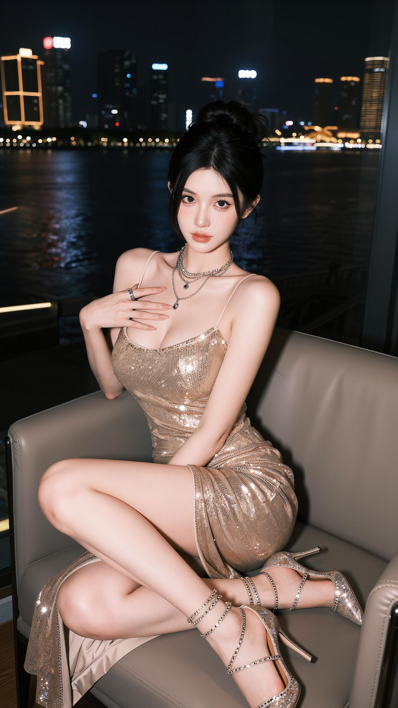 江景夜色下的鎏金美人，氛围感直接封神
当城市灯火与江波粼粼撞个满怀，一身鎏金亮片