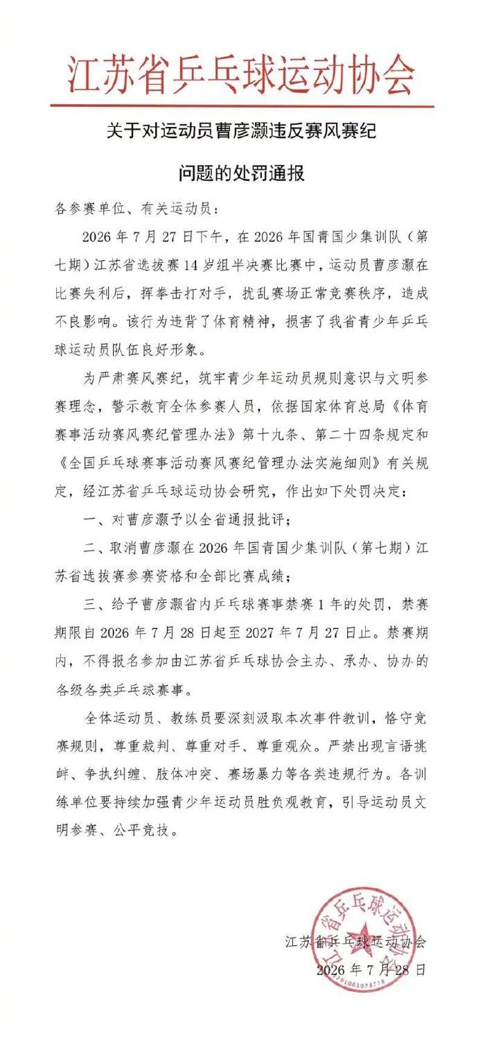 江苏省乒协通报曹彦灏省内禁赛1年 从视频看曹彦灏打人的性质太恶劣，受到再严重的处