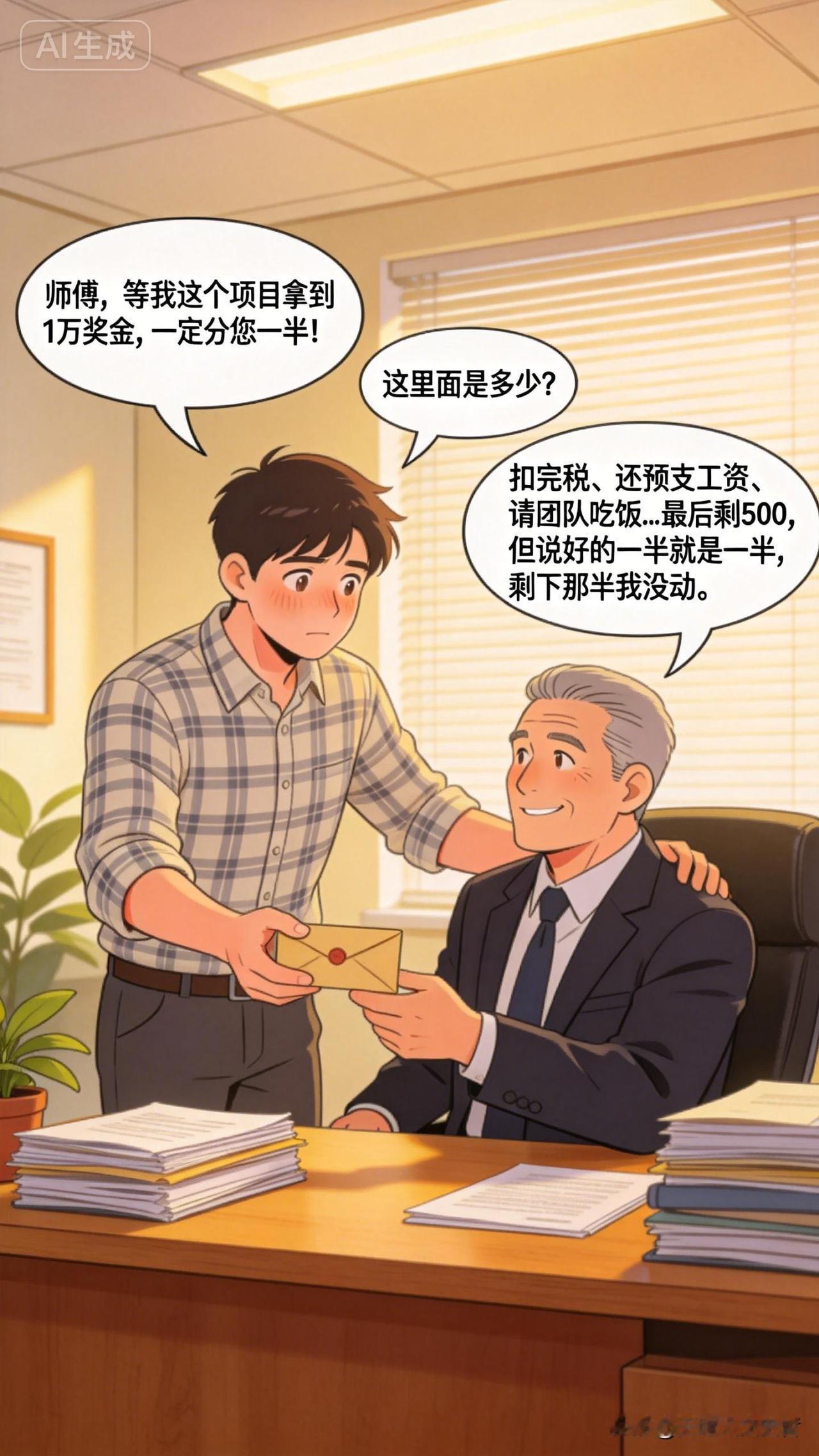 公司里，新来的徒弟对一直带他的老师傅说：“师傅，等我这个项目拿到1万奖金，一定分