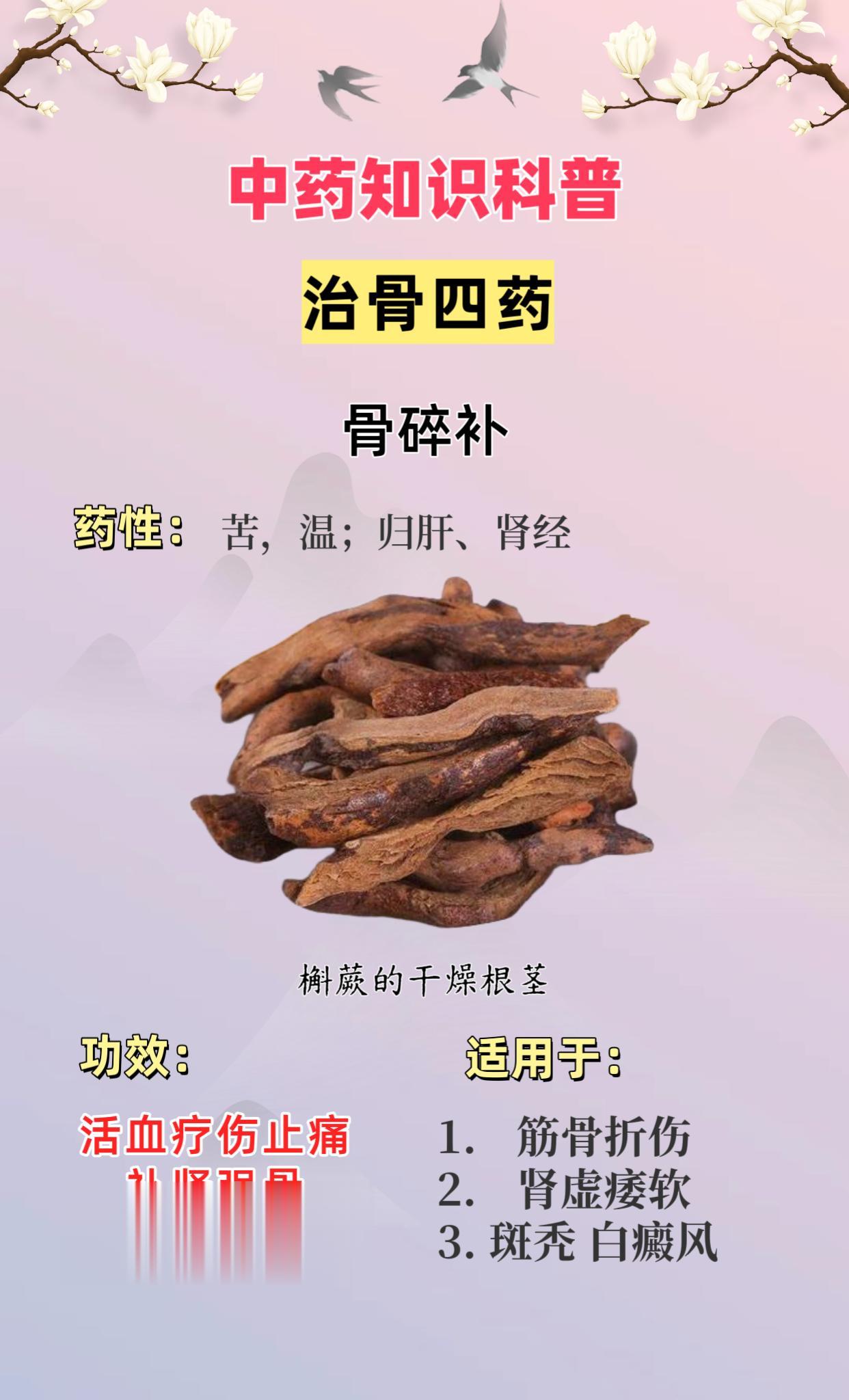 中药知识科普。治骨四药：骨碎补 补骨脂 透骨草 寻骨风