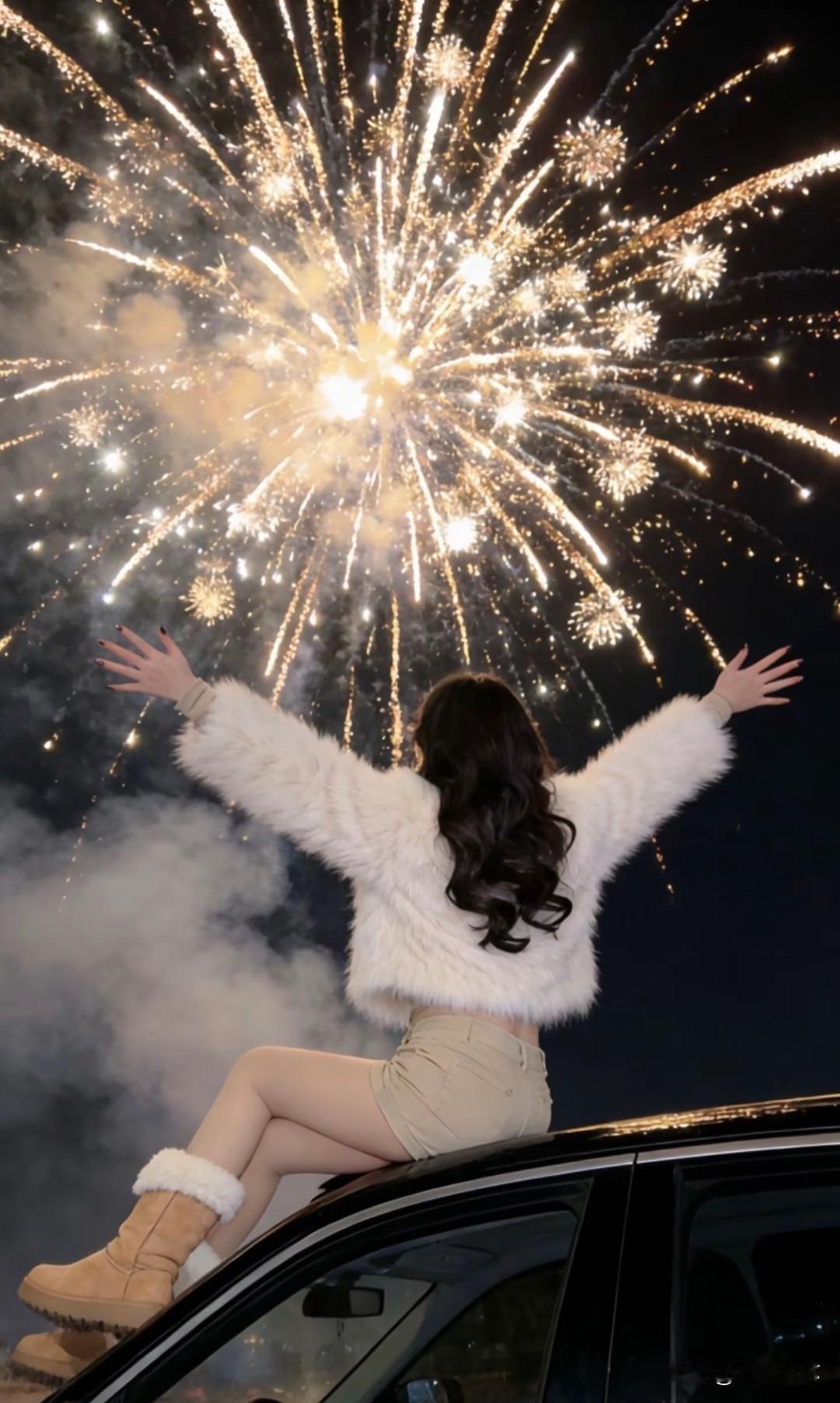 烟花映夜空，佳人共欢颜。