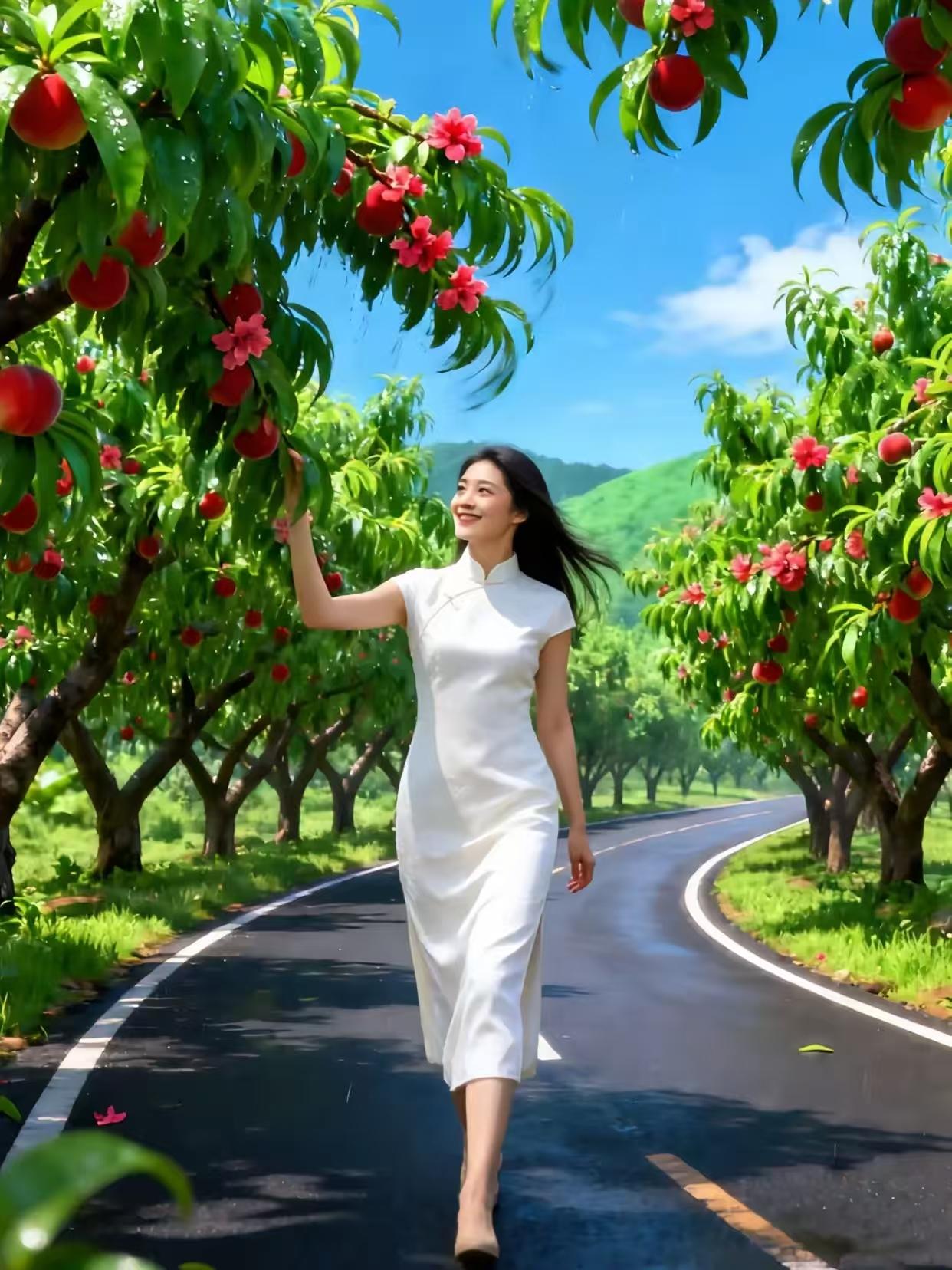 天净沙·果园漫步
疏雨初歇晴柔，
繁桃缀满枝头，
闲步清风野畴。
满园鲜果，
悠
