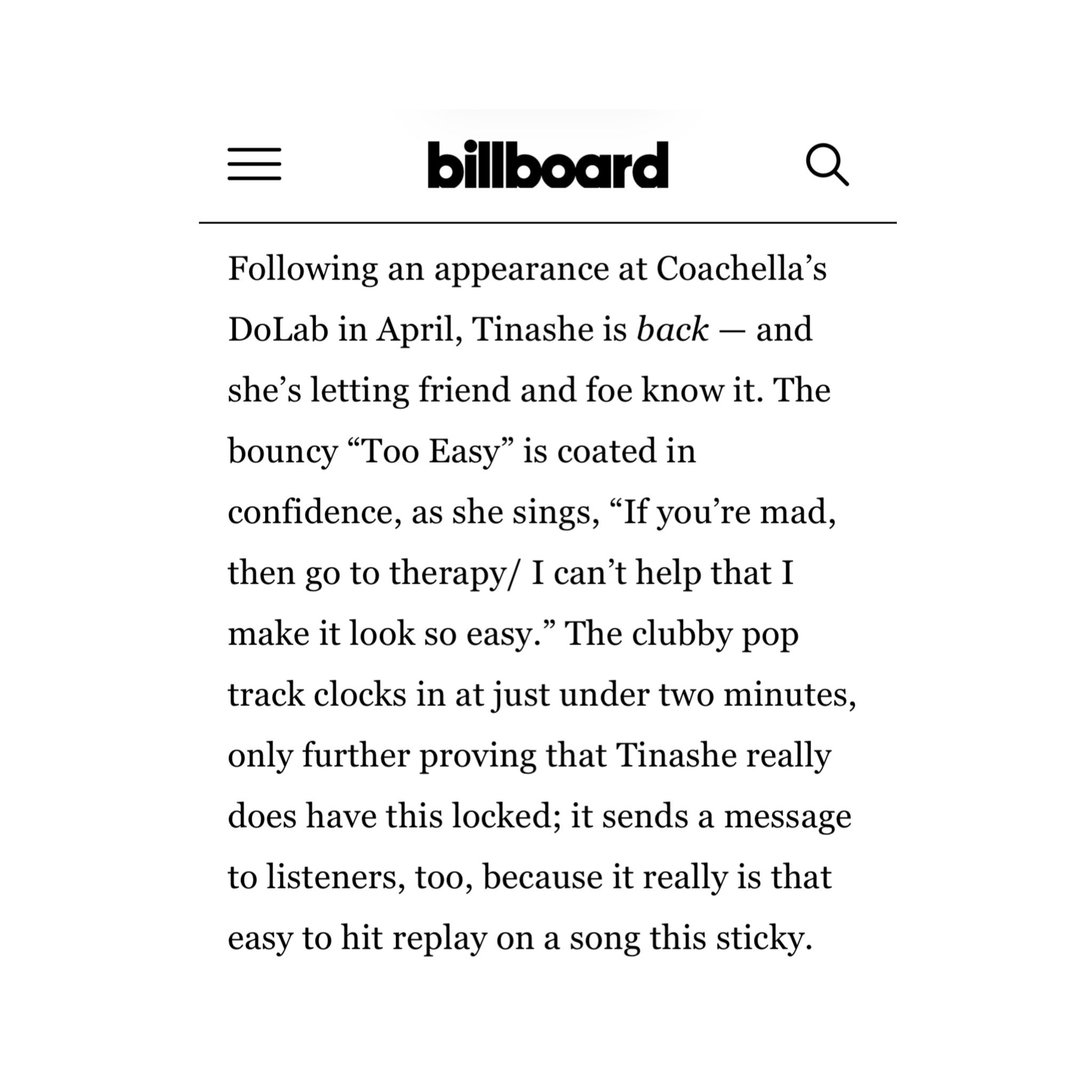 Billboard 评价 Tinashe 的新单曲《Too Easy》：轻快律动