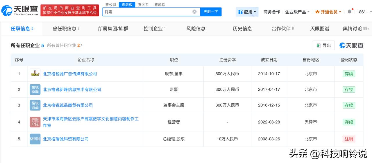 【陈震名下公司因欠税被公告 陈震1分钟视频报价80万】陈震多平台被禁言
据报道，