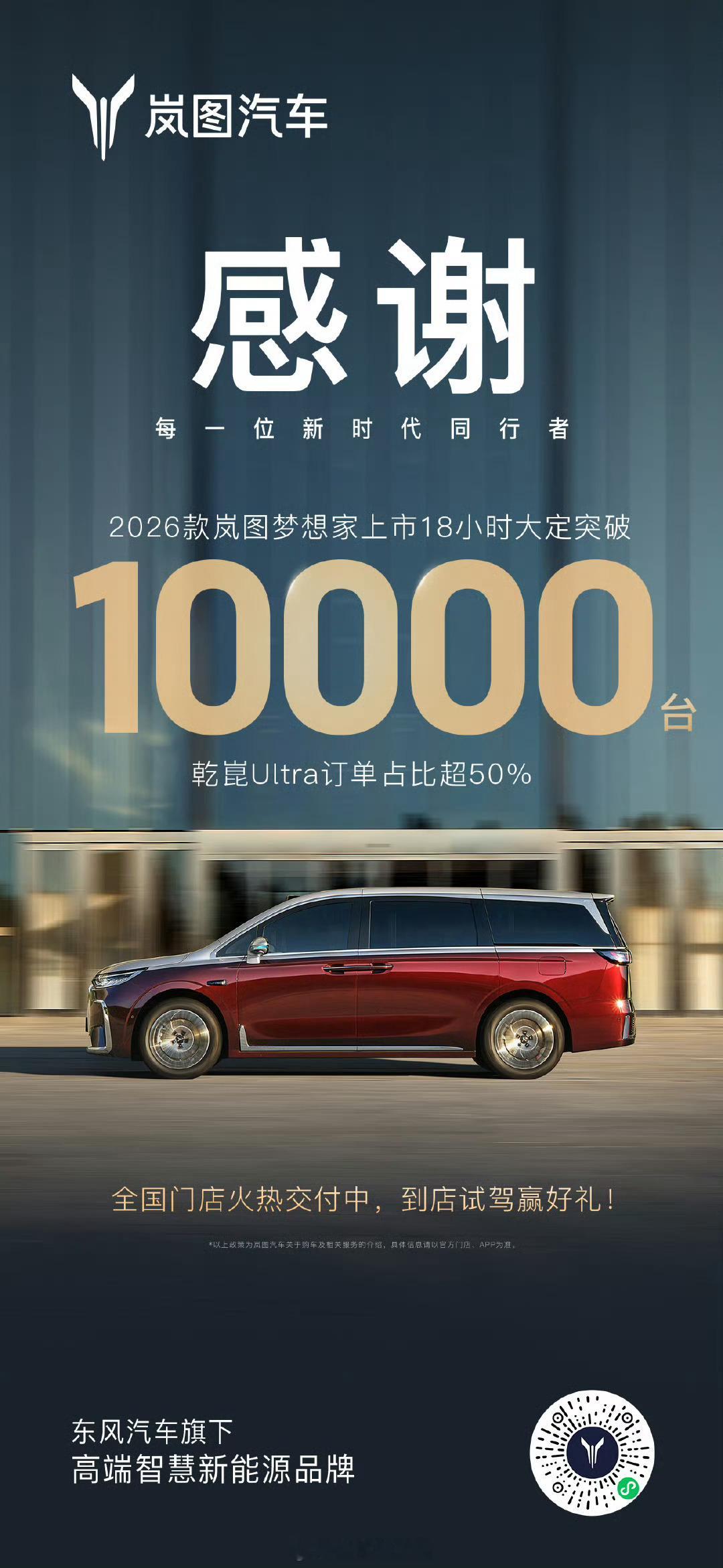 26 款岚图梦想家上市 18 小时大定突破 10000 台。26款岚图梦想家上市