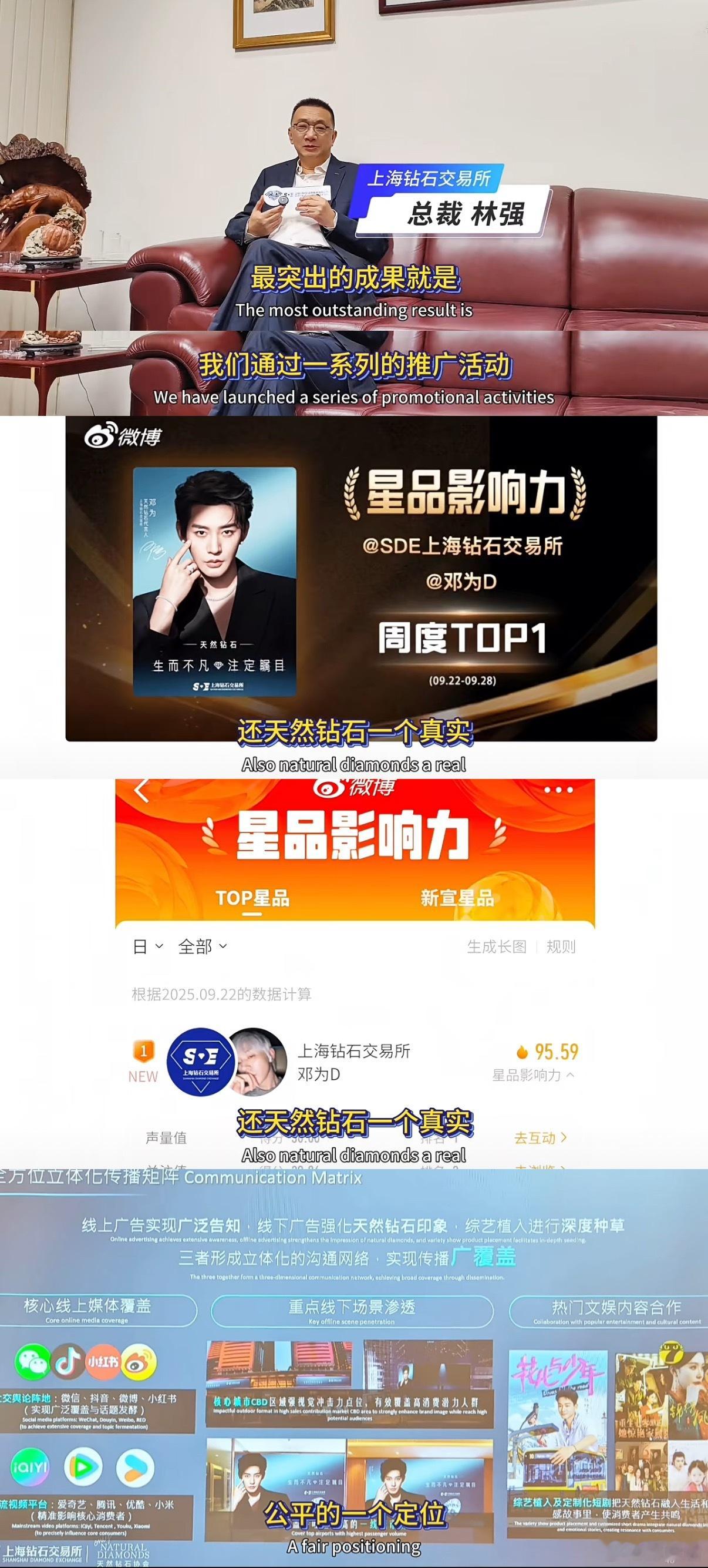 官方数据[赞]专访上海钻石交易所总裁林强：天然钻石代言人邓为一周3.68亿销量印