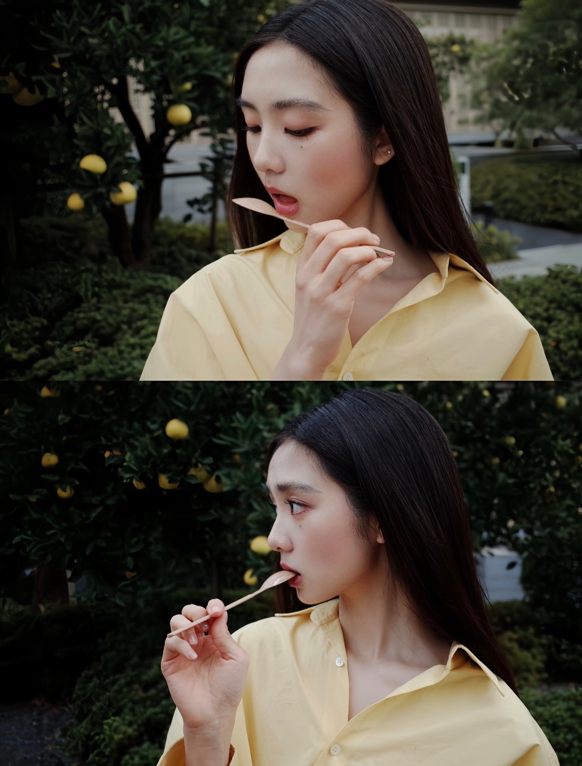 黄多多黄色衬衫好明媚VOGUE盛典红毯之后，黄多多放出一组花絮图：奶黄色宽松衬衫