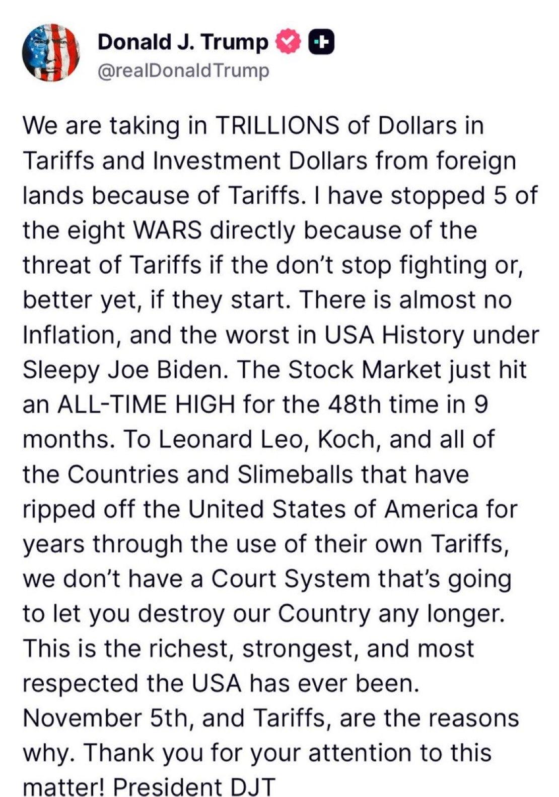 🇺🇸 特朗普：单靠关税就阻止了五场战争，还给我们带来了数万亿美元的收入！
