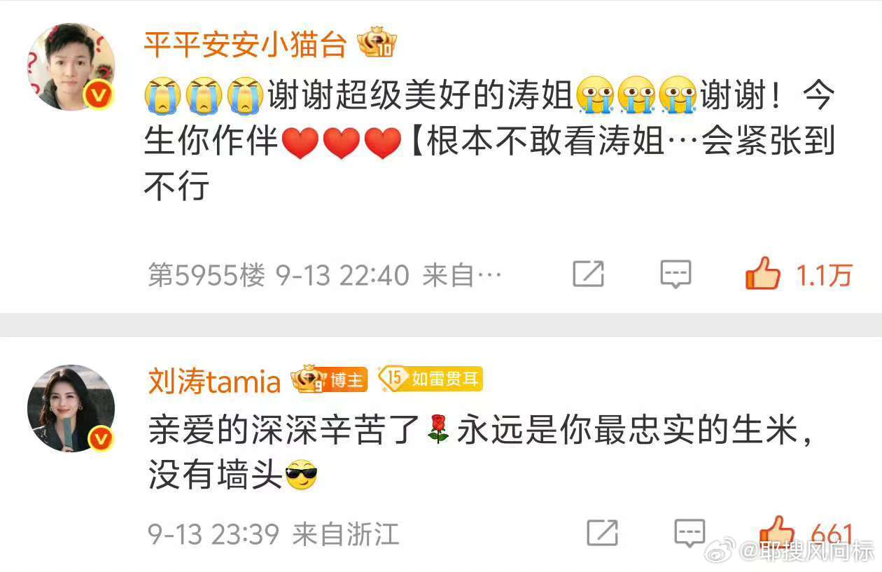 刘涛回复周深周深回复刘涛 刘涛回复周深：亲爱的深深辛苦了[鲜花]永远是你最忠实的