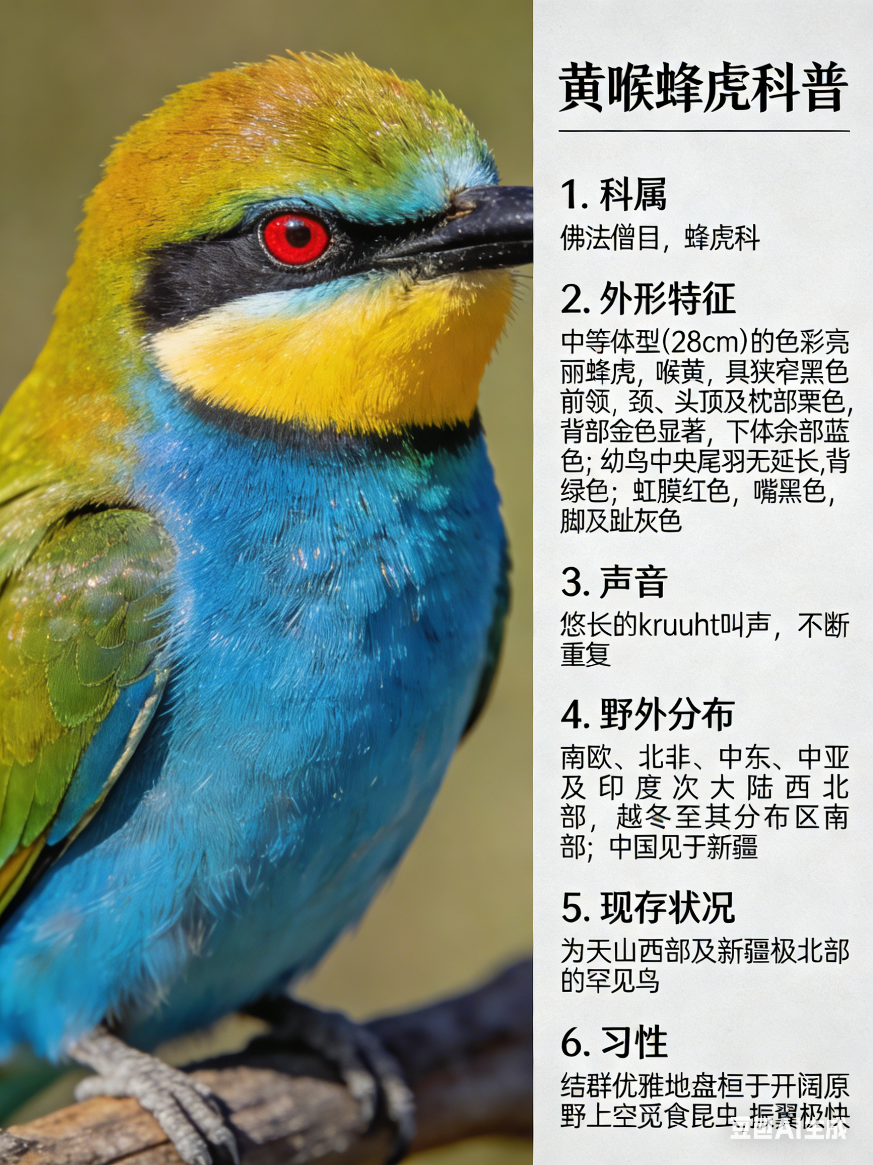 鸟类朋友图鉴 黄喉蜂虎·科属：佛法僧目，蜂虎科。·外形特征：中等体型（28cm）