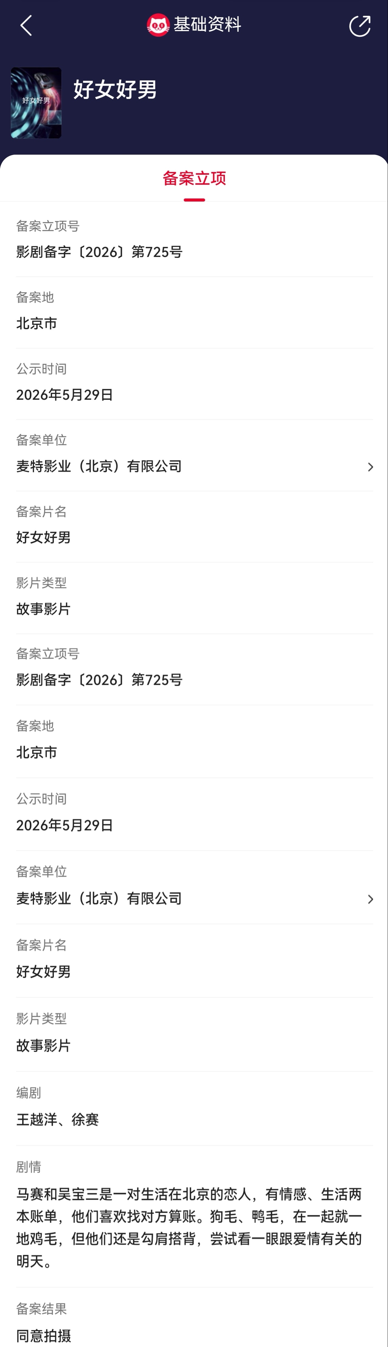 故事影片好女好男备案立项   据猫眼专业版备案立项库显示，故事影片《好女好男》备