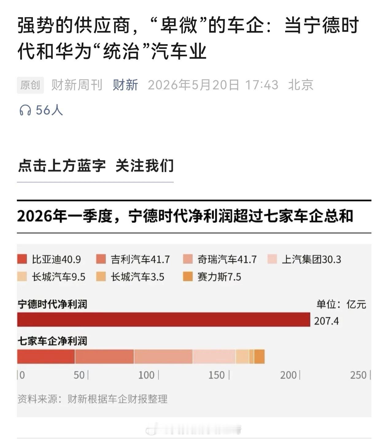 财新写了一篇《强势的供应商，“卑微”的车企，当宁德时代和华为