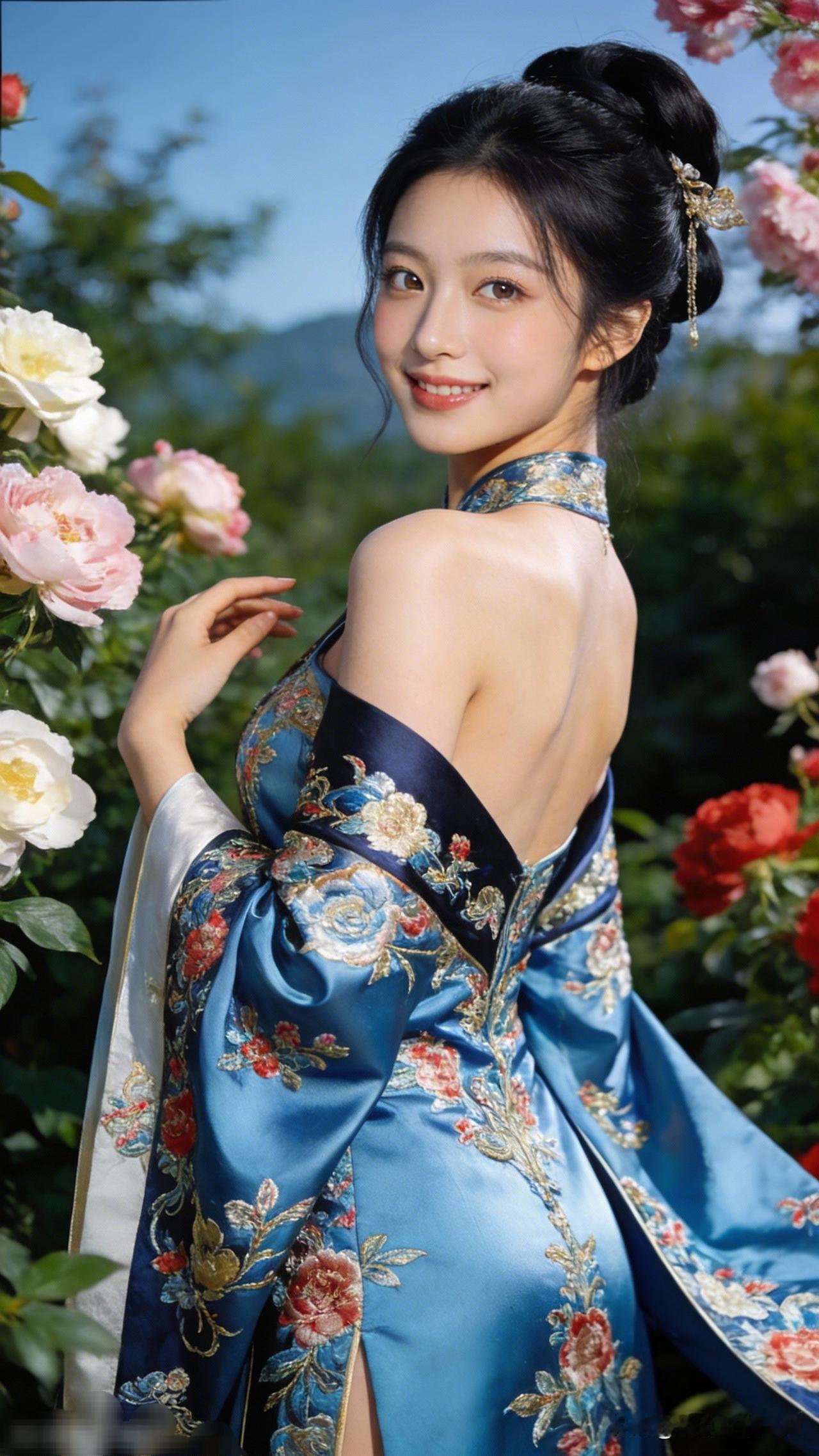 花间美人笑，锦衣华服映芳容。晒出女性魅力 蓝衣少女与花海相映，唯美如画